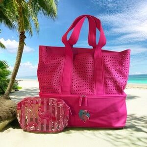 Hot Pink Flamingo Beach Bag and Plastic Zippered Pouch